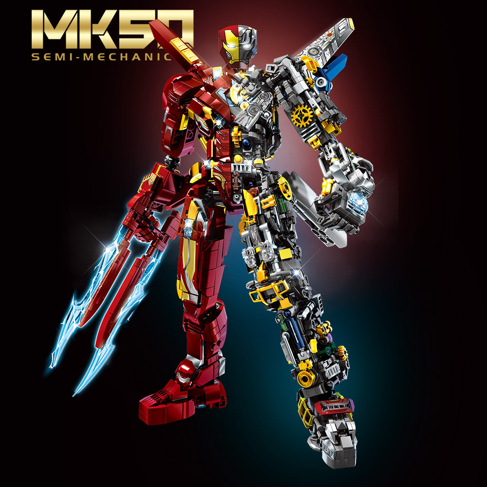 Mesiondy MK50 Armored Hero Semi-Mechanical Mech Building Kit – 2002 PCS Premium Brick System | Deconstructed Collectible Display Model | Light-Up Energy Effects