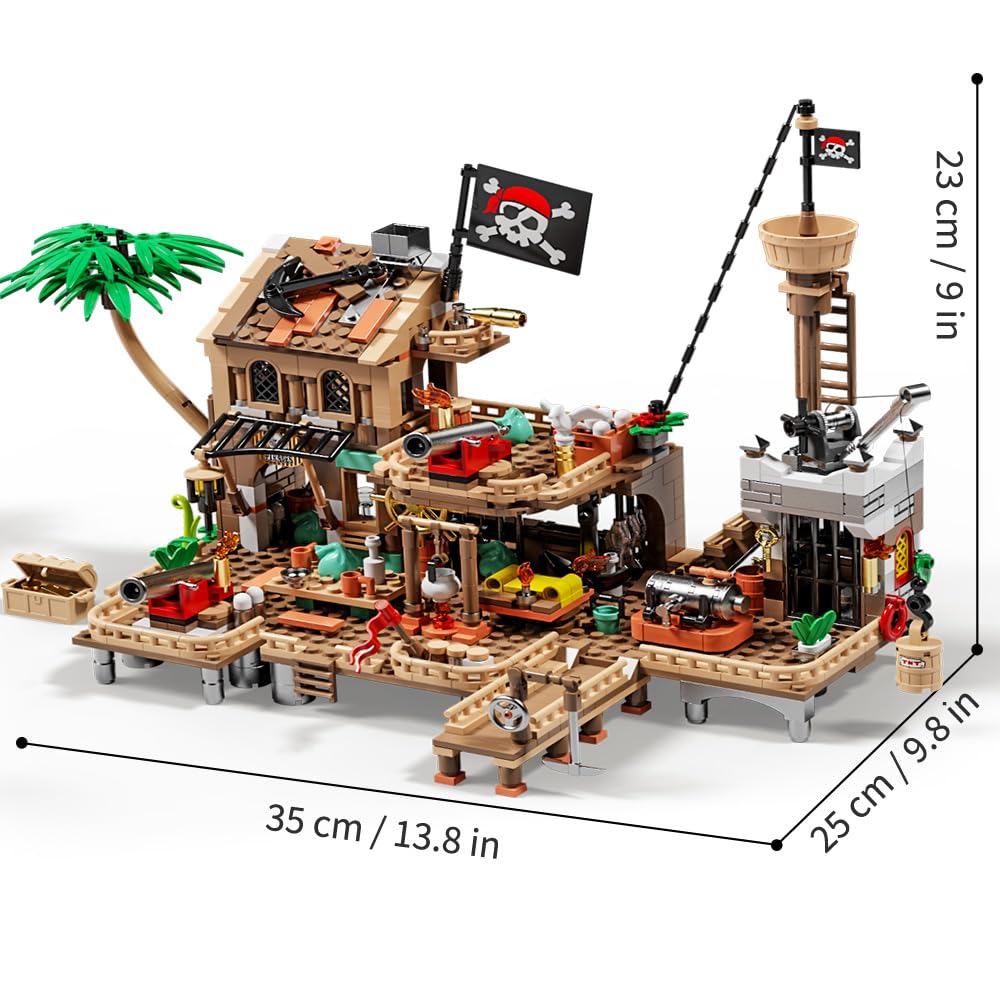 Mesiondy Pirate Island Outpost Building Set 🏴‍☠️ – 943 PCS, 13.8" Wide Pirate Hideout with Boat & Palm Tree 🌴, Compatible with Major Brick Brands 🧩