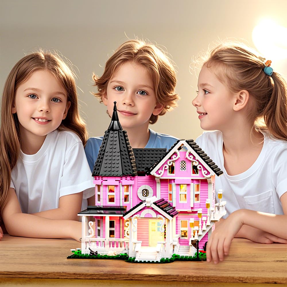 Mesiondy Enchanted Pink Victorian Manor Building Kit – 1349 PCS Premium Brick System | LED Light-Up Gothic Dollhouse | Halloween Display Collectible
