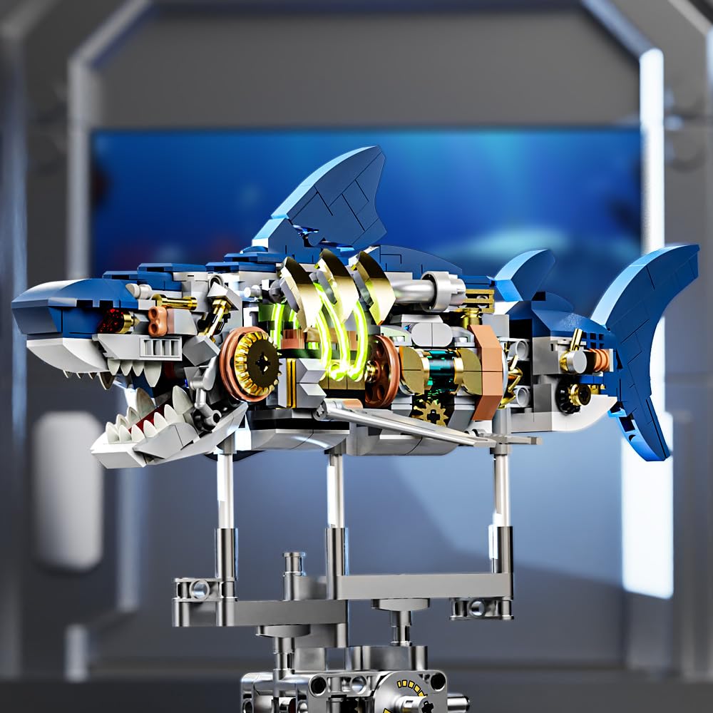 Mechanical Half-Cut Shark Building Set 🦈 – 687 PCS, Hand-Cranked Moving Action, 9" Tall STEM Toy for Kids & Adults ⚙️