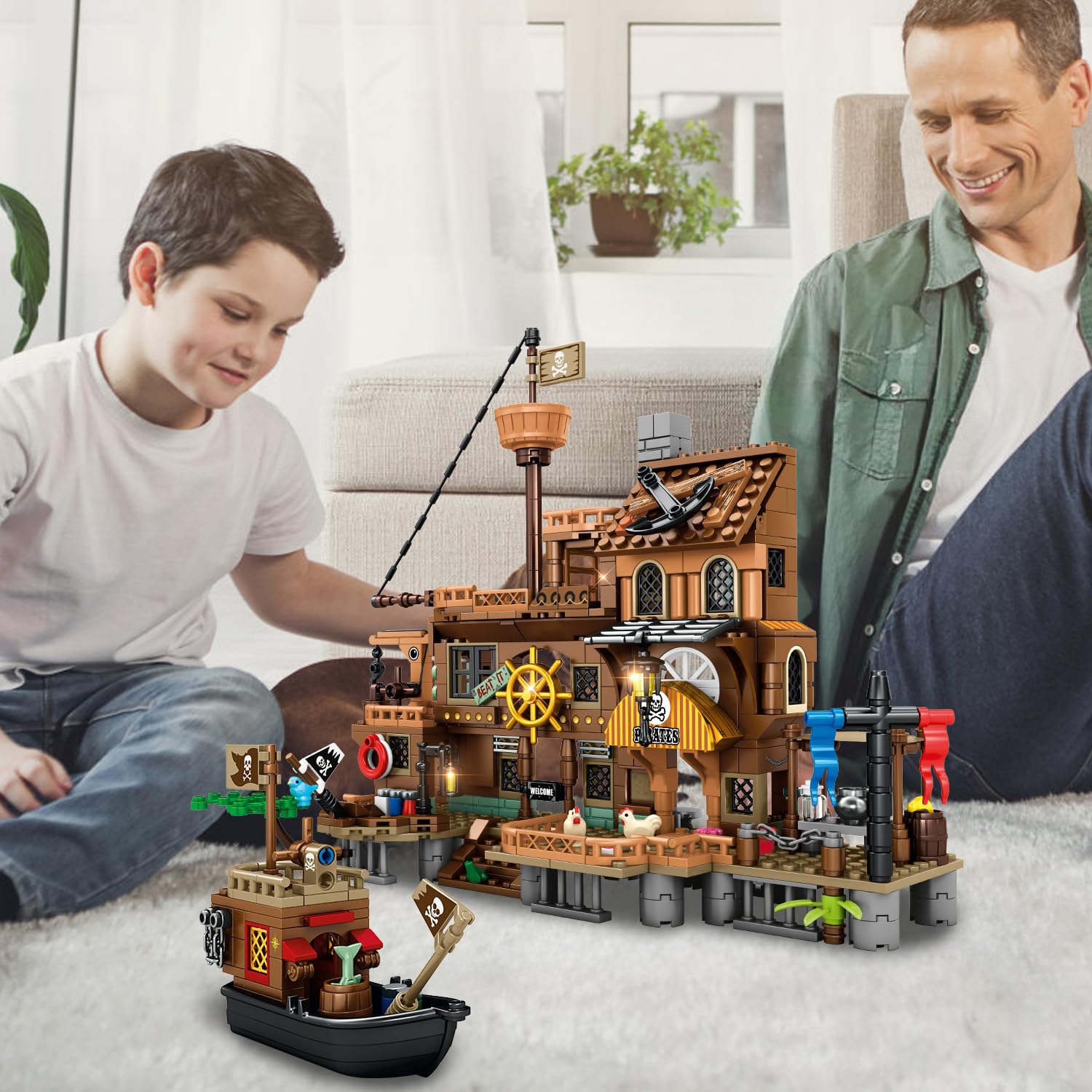 Mesiondy Pirate Island Pier Building Set 🏴‍☠️ – 573 PCS, 21.6" Long Pirate Dock & Boat Toy 🚢, Compatible with Major Brick Brands 🧩