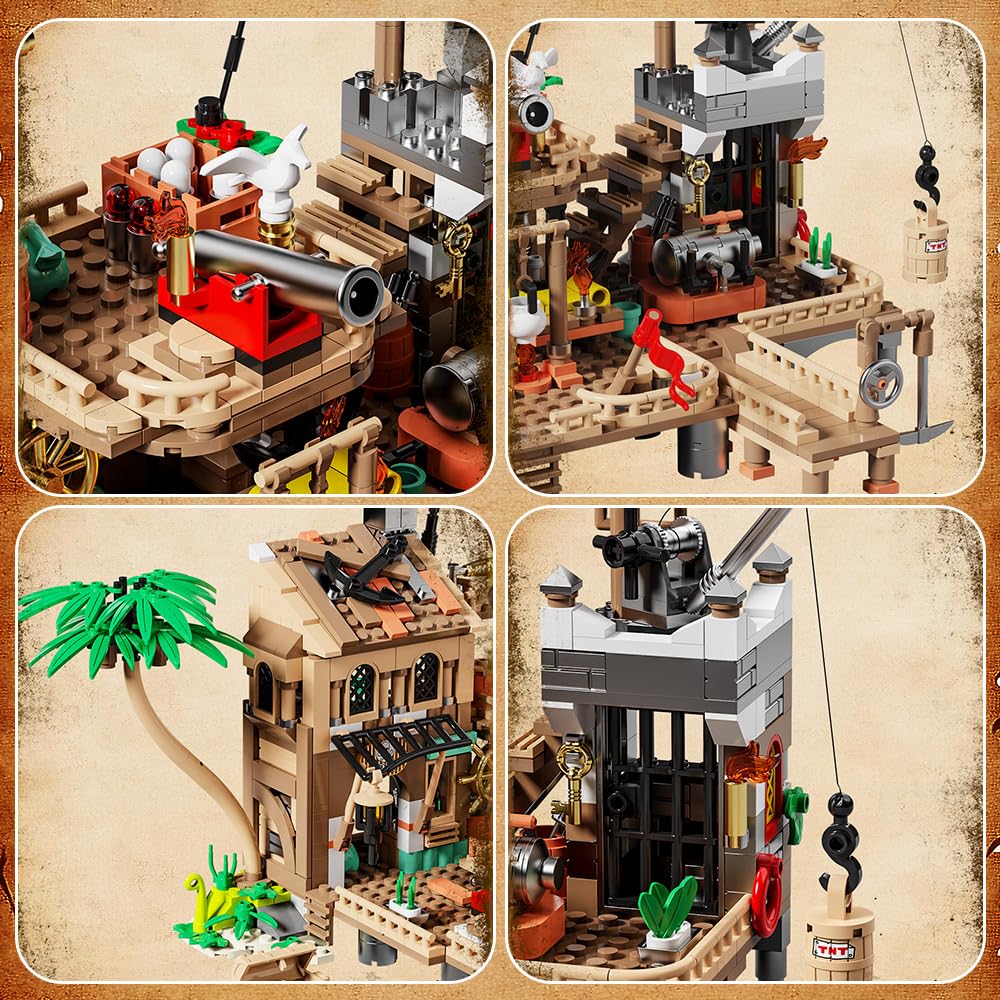 Mesiondy Pirate Island Outpost Building Set 🏴‍☠️ – 943 PCS, 13.8" Wide Pirate Hideout with Boat & Palm Tree 🌴, Compatible with Major Brick Brands 🧩