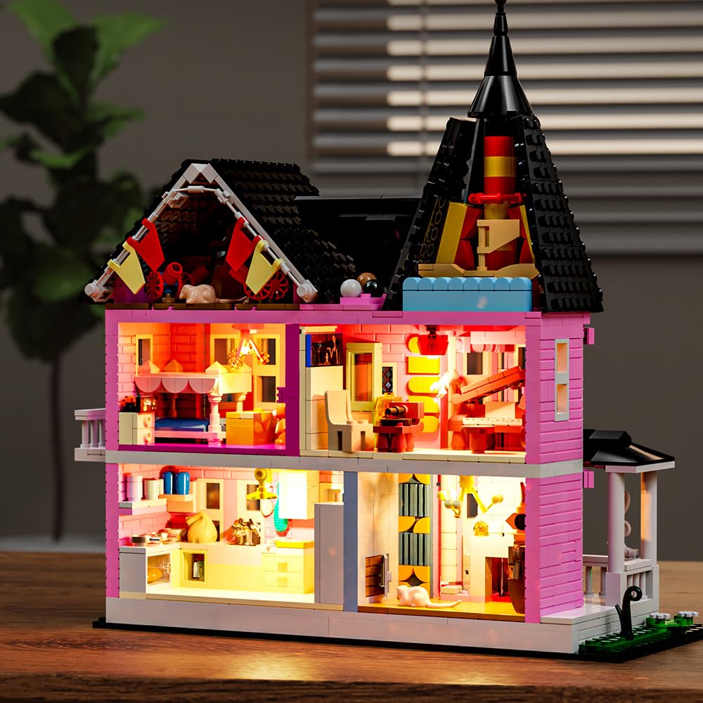 Mesiondy Enchanted Pink Victorian Manor Building Kit – 1349 PCS Premium Brick System | LED Light-Up Gothic Dollhouse | Halloween Display Collectible