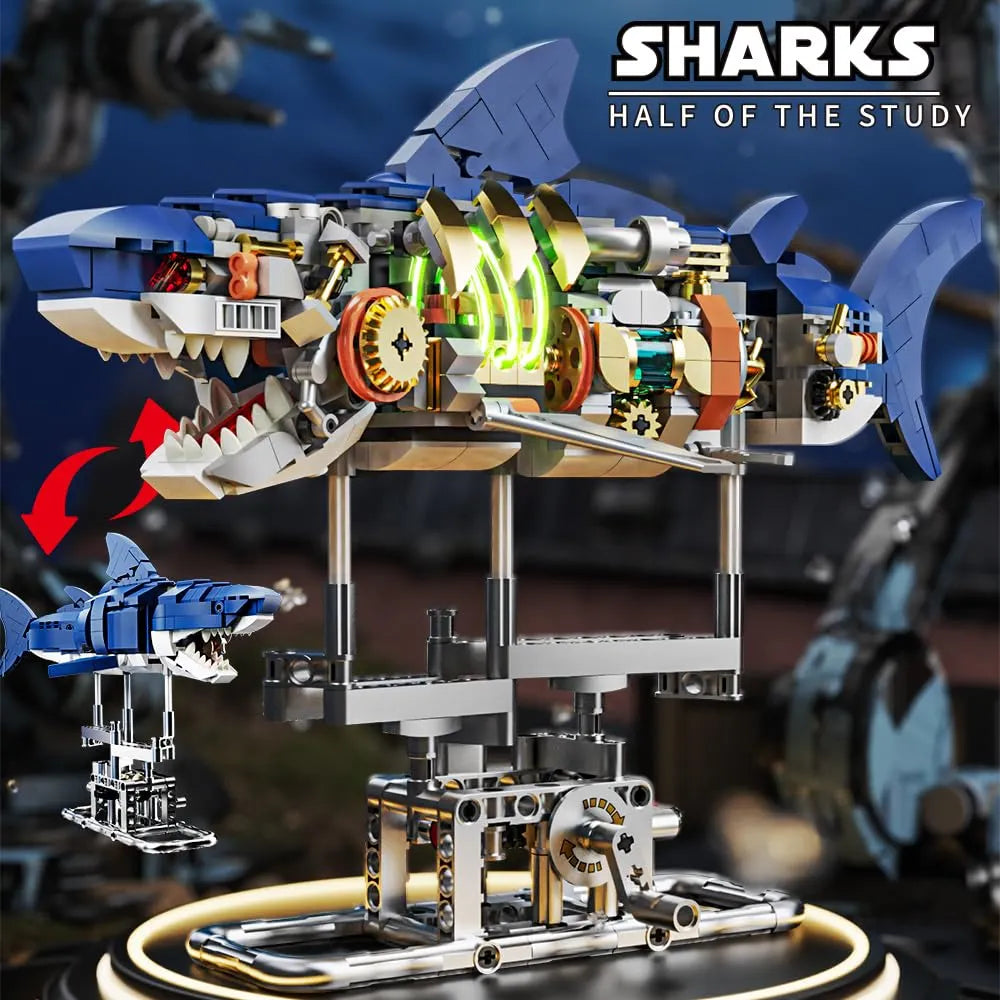 Mechanical Half-Cut Shark Building Set 🦈 – 687 PCS, Hand-Cranked Moving Action, 9" Tall STEM Toy for Kids & Adults ⚙️