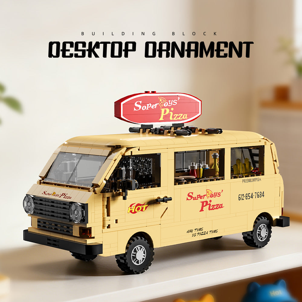 Mesiondy Retro Pizza Delivery Van Building Kit – 634 PCS Premium Brick System | 80s Food Truck Model | Removable Rooftop Sign & Interior Kitchen Detail