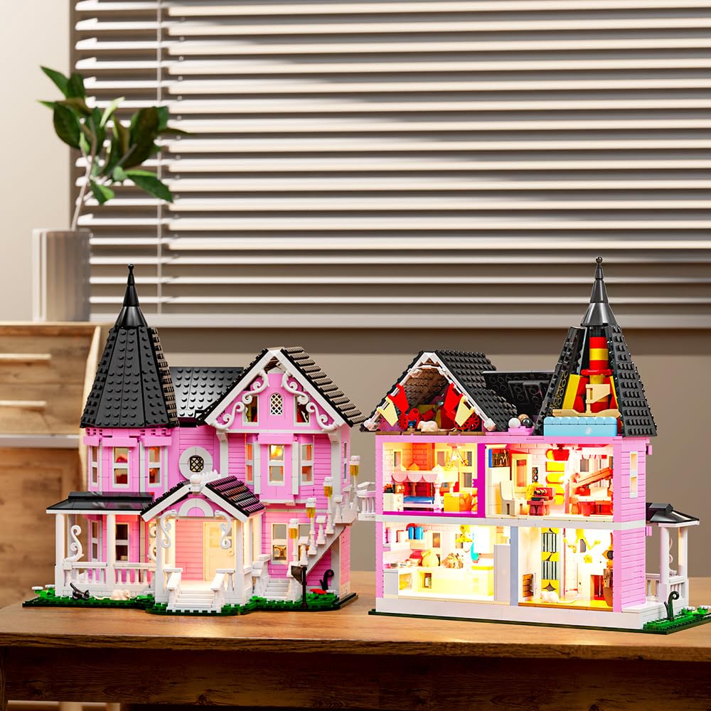 Mesiondy Enchanted Pink Victorian Manor Building Kit – 1349 PCS Premium Brick System | LED Light-Up Gothic Dollhouse | Halloween Display Collectible