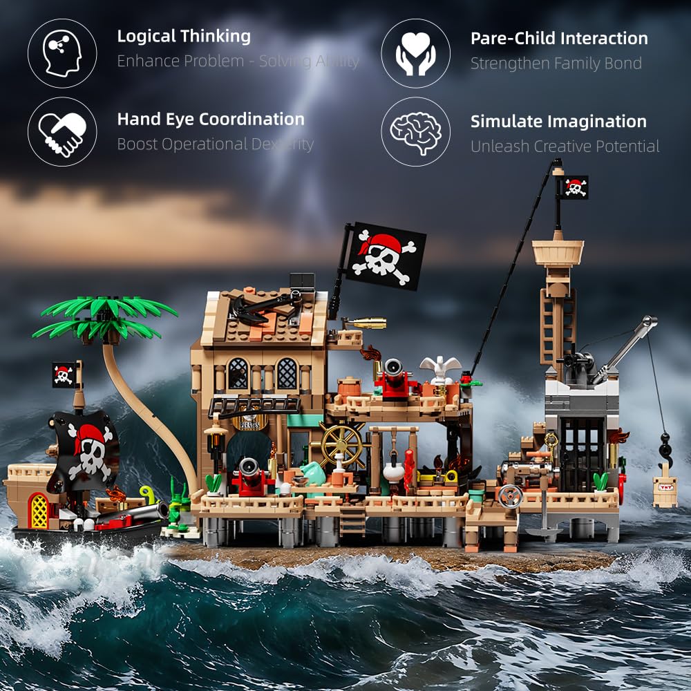 Mesiondy Pirate Island Outpost Building Set 🏴‍☠️ – 943 PCS, 13.8" Wide Pirate Hideout with Boat & Palm Tree 🌴, Compatible with Major Brick Brands 🧩